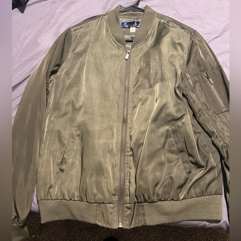Army green bomber jacket with gold hardware—size M